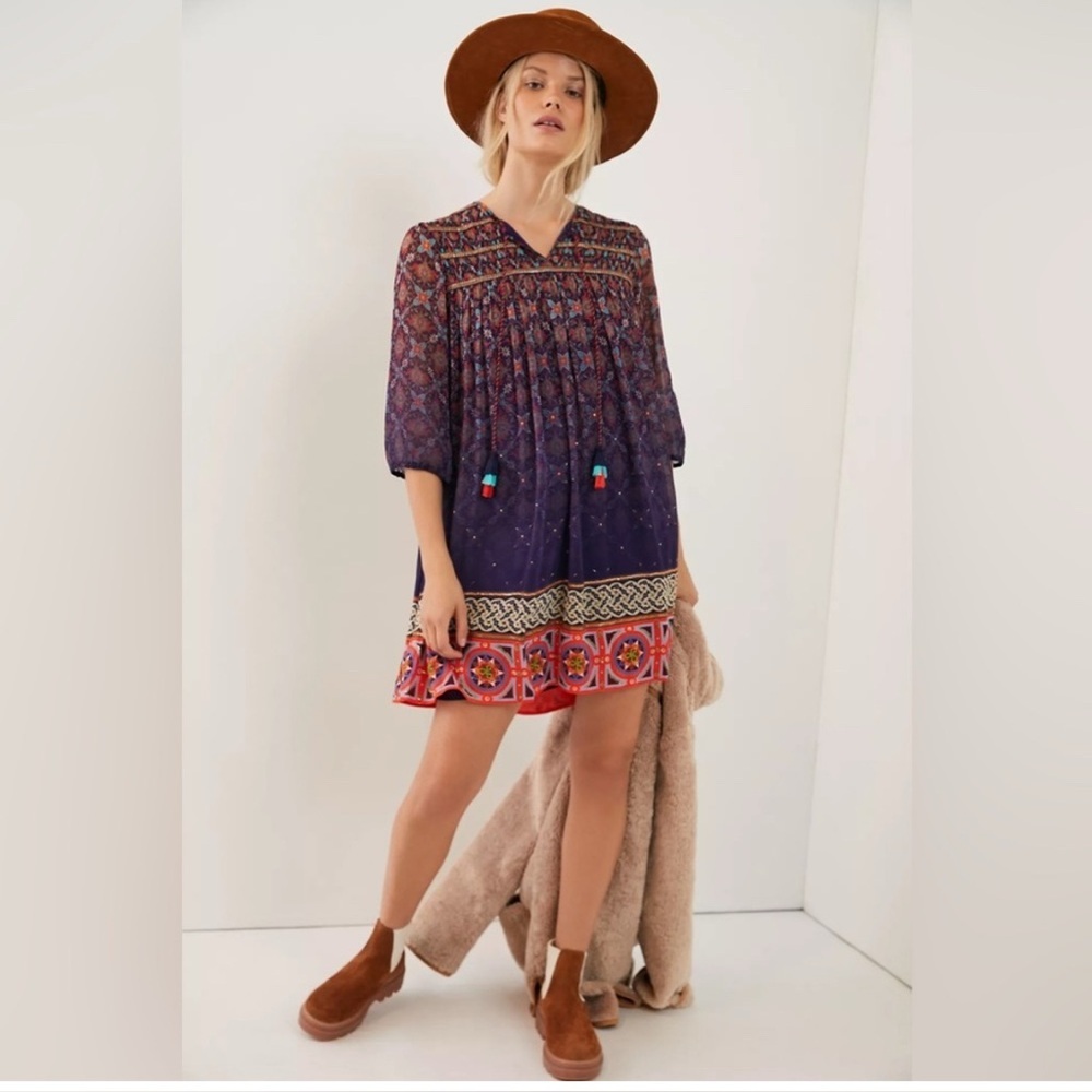 ANTHROPOLOGIE- Tanvi Kedia Corinna Tunic Dress Boho Beaded Tassel Mini